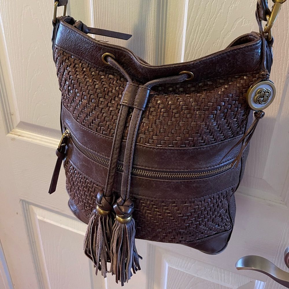 Elliot Lucca leather brown woven drawstring bucket crossbody bag